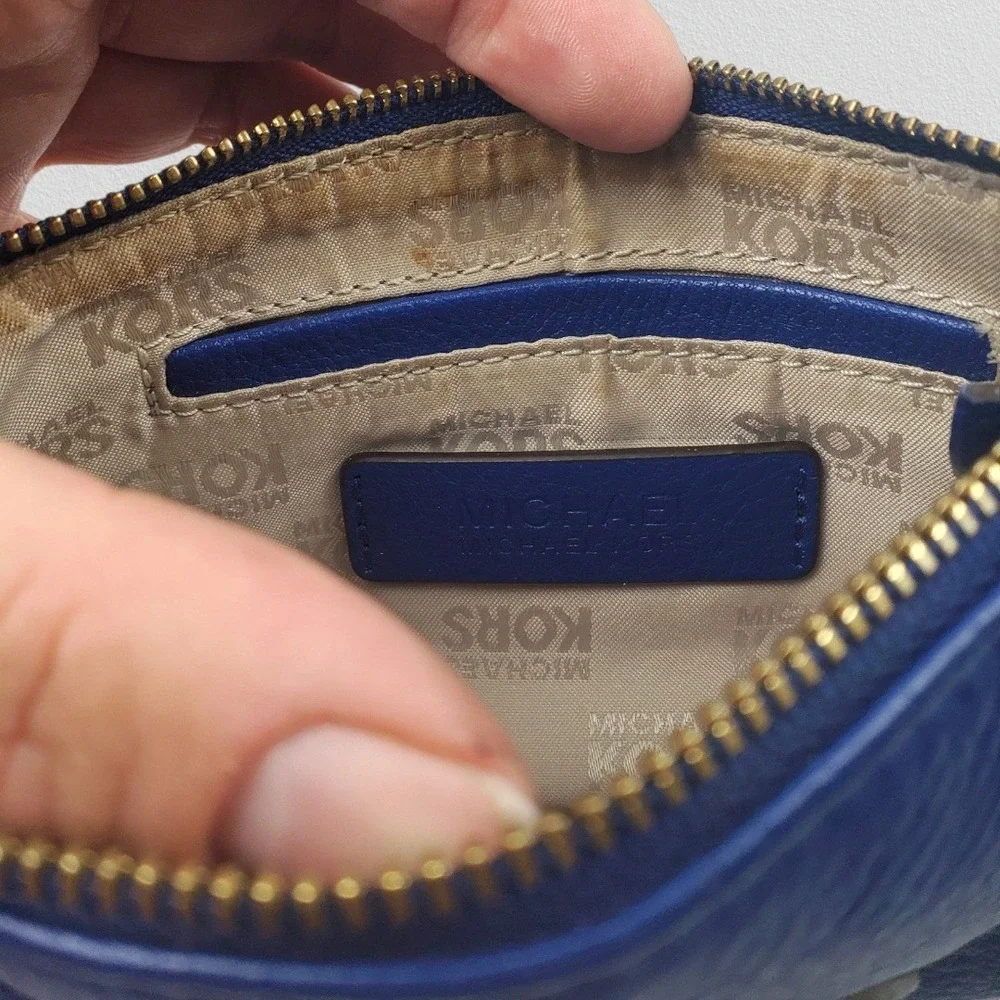 Michael Kors Fulton Cobalt Blue‎ Pebbled Leather Wristlet Gold MK Logo Pouch